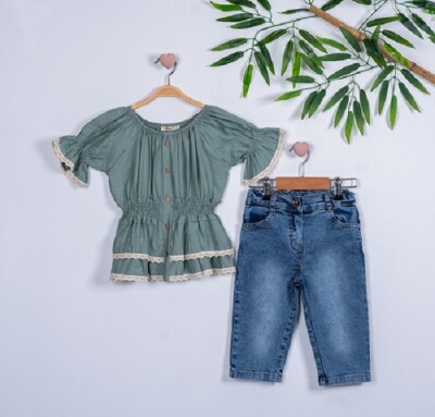 2-Piece Girl Set with Gimped Elastic Capri Jean 3-6Y Büşra Bebe 1016-211122 - Büşra Bebe