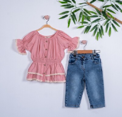 2-Piece Girl Set with Gimped Elastic Capri Jean 3-6Y Büşra Bebe 1016-211122 - Büşra Bebe (1)