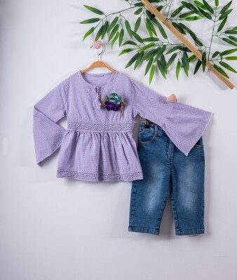 2-Piece Girl Set with Pompom Voile and Capri 3-6Y Büşra Bebe 1016-211124 - Büşra Bebe (1)
