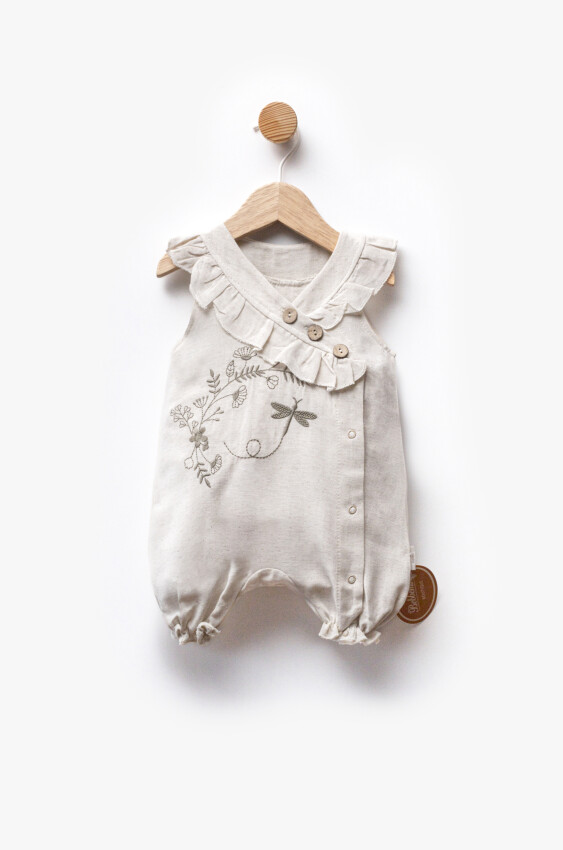 Floral Embroidered Ruffle Detailed Linen Fabric Jumpsuit 3-9M Bebbemini 2065-BM-2348 - 1