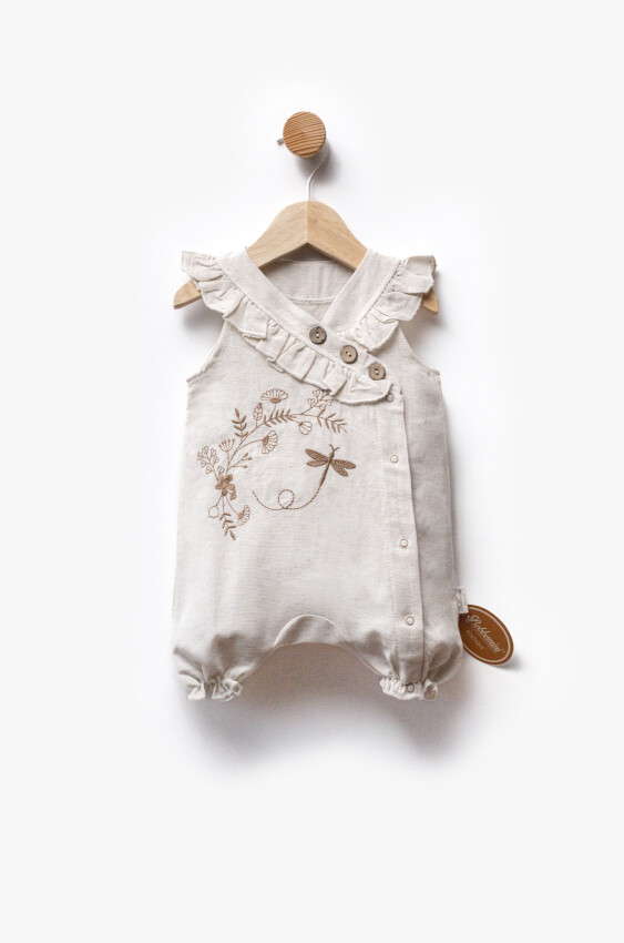 Floral Embroidered Ruffle Detailed Linen Fabric Jumpsuit 3-9M Bebbemini 2065-BM-2348 - 2
