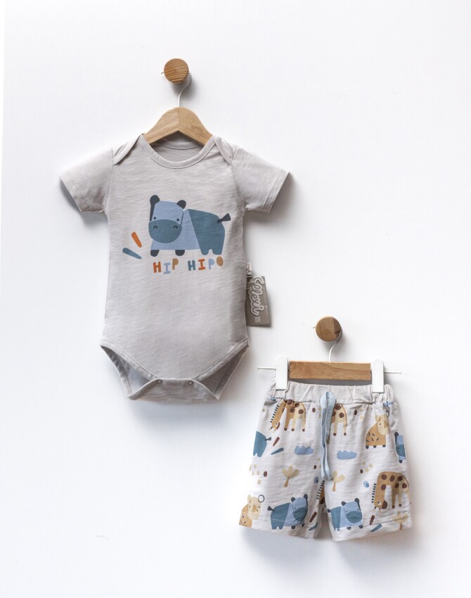 Hippopotamus Printed Bodysuit Shorts Two Piece Set 6-24M Flexi Baby 2063-216424 - 2
