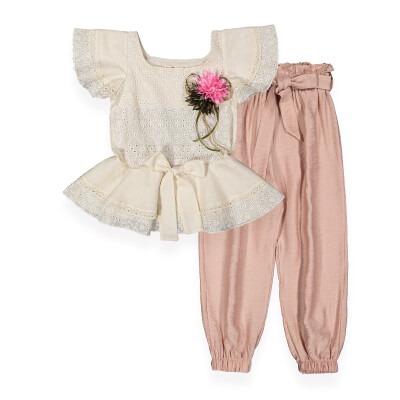 Pant Set with Walloon Sleeve Büşra Bebe 1016-211126 Пудра