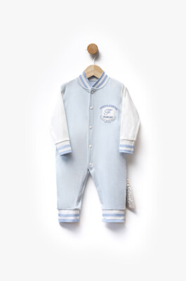 F Letter Embroidered Striped Cuffed Front Snap Two Color Jumpsuit 3-9M Flexi Baby 2063-252369 Светло-голубой 