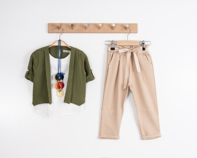 Wholesale 3-Piece Girls Jacket Set with Blouse and Pants 8-12Y Moda Mira 1080-7048 Хаки 