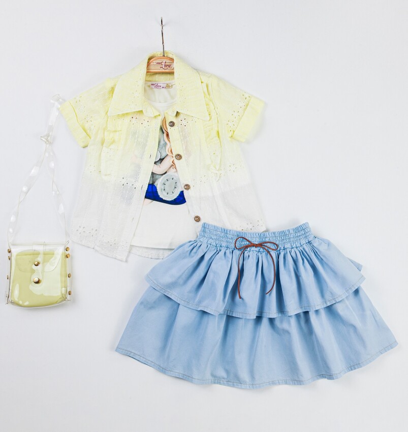 Wholesale 4-Piece Girls Shirt Skirt T-shirt and Bag Set 2-6Y Miss Lore 1055-5310 - 3