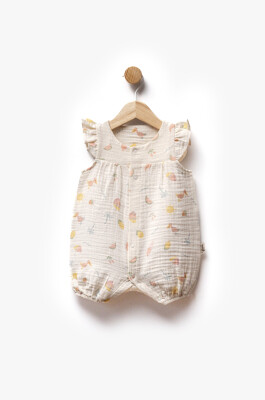 Self Printed Muslin Fabric Ruffle Detailed Jumpsuit 3-9M Flexi Baby 2063-221132 Salmon Color 