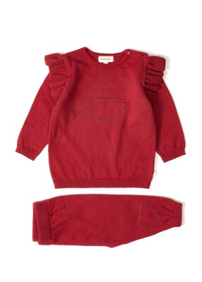 100% Organic Cotton With GOTS Certified Knitwear Ruffle Love Two Piece Set 3-12M Uludağ Triko 1061-21035 Bordo