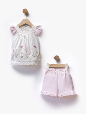 Çiçek Nakışlı Kolları Fırfır Detaylı Tişört Şort İkili Takım 6-36M Flexi Baby 2063-216394 - Flexi Baby