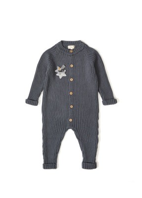 Organic Cotton Long Sleeve Romper with Button Uludağ Triko 1061-21021 Füme