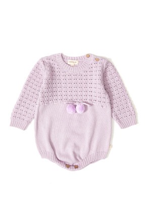 Organic Cotton Salopet Romper with Pompom for Baby Girl Uludağ Triko 1061-21026 Lila
