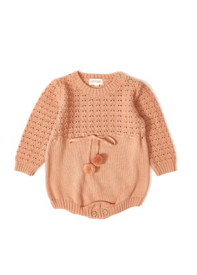 Organic Cotton Salopet Romper with Pompom for Baby Girl Uludağ Triko 1061-21026 Gül Kurusu