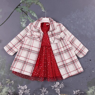 Puanlı Elbiseli Ekoseli Mantolu Takım BabyRose 1002-3829 - BabyRose