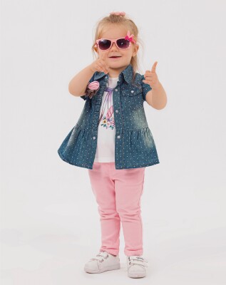 Toptan 3'lü Kız Bebek Puanlı Kot Gömlek Badi Pantolon 9-24M Miss Lore 1055-5316 - Miss Lore