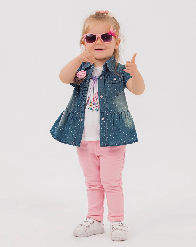 Toptan 3'lü Kız Bebek Puanlı Kot Gömlek Badi Pantolon 9-24M Miss Lore 1055-5316 - 1