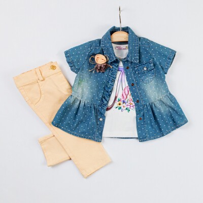 Toptan 3'lü Kız Bebek Puanlı Kot Gömlek Badi Pantolon 9-24M Miss Lore 1055-5316 - Miss Lore (1)