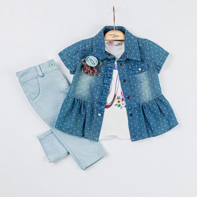 Toptan 3'lü Kız Bebek Puanlı Kot Gömlek Badi Pantolon 9-24M Miss Lore 1055-5316 Yeşil