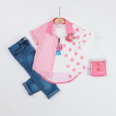 Toptan 4'lü Kız Çocuk Gömlek Badi Kot Pantolon Çantalı Takım 2-6Y Miss Lore 1055-5319 Pembe
