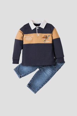Toptan Bebek 2'li Uzun Kollu Tişört ve Kot Pantolon 9-24M Kidexs 1026-35048 Koyu Mavi