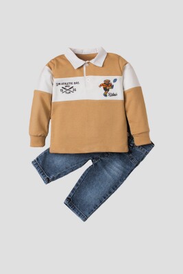 Toptan Bebek 2'li Uzun Kollu Tişört ve Kot Pantolon 9-24M Kidexs 1026-35048 Sütlü Kahve