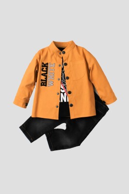 Toptan Bebek 3'lü Gömlek Tişört ve Pantolon Takım 9-24M Kidexs 1026-90134 Hardal