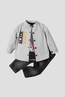 Toptan Bebek 3'lü Gömlek Tişört ve Pantolon Takım 9-24M Kidexs 1026-90134 Gri