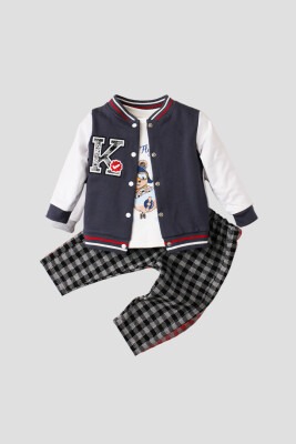 Toptan Bebek 3'lü Kolej Ceket Tişört ve Pantolon Takım 9-24M Kidexs 1026-90101 Koyu Mavi
