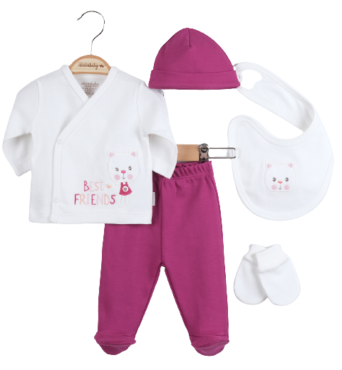 Toptan Bebek 5'li Kedi Nakışlı Yeni Doğan Takım 0-3M Ciccimbaby 1043-4765 - 1