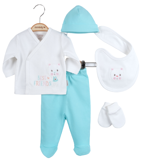 Toptan Bebek 5'li Kedi Nakışlı Yeni Doğan Takım 0-3M Ciccimbaby 1043-4765 - 4