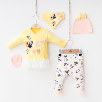 Toptan Bebek 5'li Yenidoğan Badi Pantolon Şapka Eldiven ve Önlük Takım 0-3M Minizeyn 2014-5589 - 1