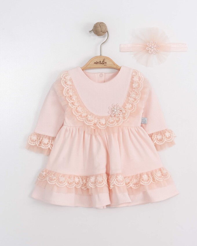 Toptan Bebek Elbise ve Saç Bandanası Takım 0-12M Miniborn 2019-3346 - 3