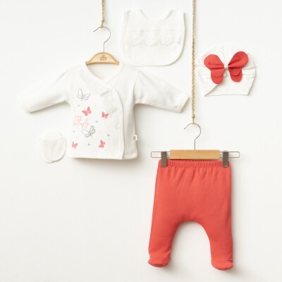 Toptan Bebek Yenidoğan 5'li Badi Pantolon Önlük Şapka ve Eldiven Takım 0-3M Minizeyn 2014-7016 - Minizeyn