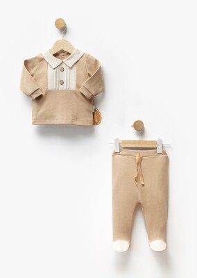 Toptan Erkek Bebek 2'li Keten Body ve Pantolon Takım 3-9M Bebbemini 2065-BM-2328 Sütlü Kahve