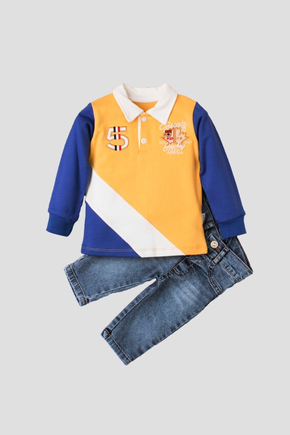 Toptan Erkek Bebek 2'li Uzun Kollu Tişört ve Kot Pantolon 9-24M Kidexs 1026-35030 - 2