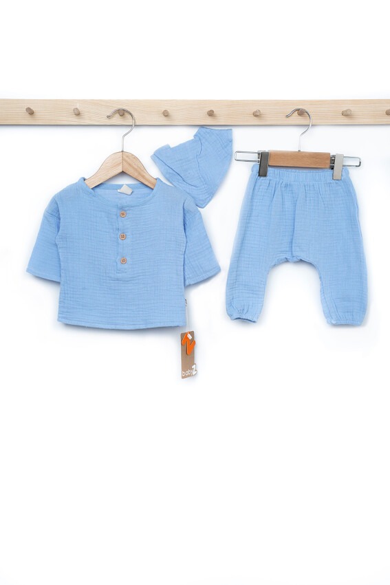 Toptan Erkek Bebek Fularlı Müslin 2'li Takım 0-3M BabyZ 1097-4771 - 1