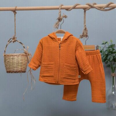 Toptan Erkek Bebek Kapüşonlu Müslin Hırkalı 2'li Takım 6-24M BabyZ 1097-4734 Kiremit