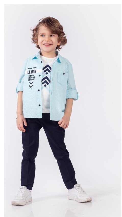 Toptan Erkek Çocuk 3'lü Gömlek Tişört ve Pantolon Takım 5-8Y Lemon 1015-9853 - 2