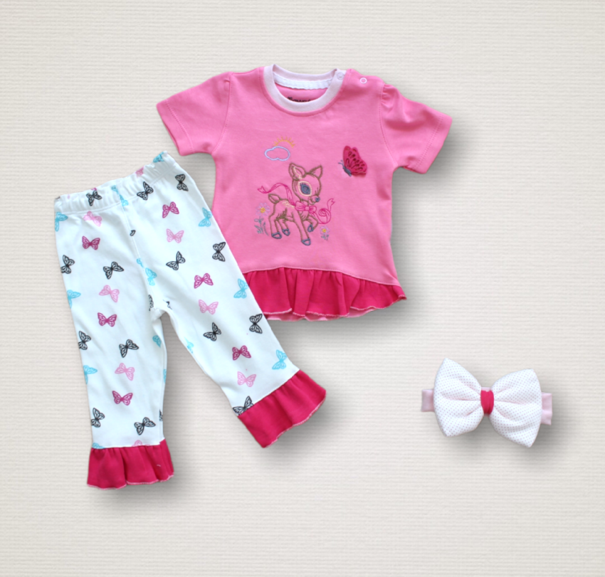 Toptan Kız Bebek 3'lü Tişört Kelebek Baskılı Pantolon ve Toka Takım 1-12M Tomuycuk 1074-75541-01 - 1