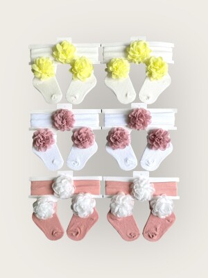 Toptan Kız Bebek Çiçekli Bandana Çorap Set 0-6M Algiy Mini 2047-1158 - Algiy Mini
