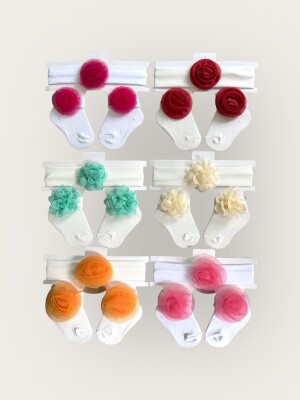 Toptan Kız Bebek Çiçekli Bandana Çorap Set 0-6M Algiy Mini 2047-1166 - Algiy Mini