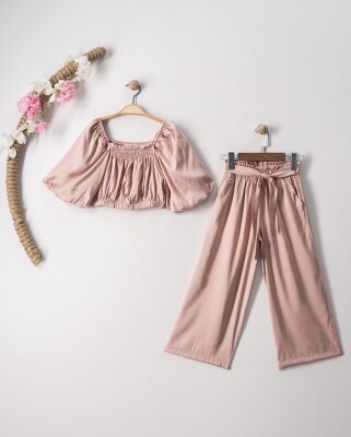 Toptan Kız Çocuk 2'li Bluz ve Pantolon Takım 7-10Y Büşra Bebe 1016-23140 Pudra