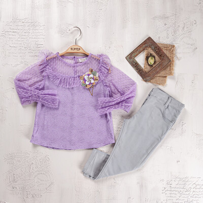 Toptan Kız Çocuk 2'li Bluz ve Pantolon Takım 9-12Y Elayza 2023-2271 Lila
