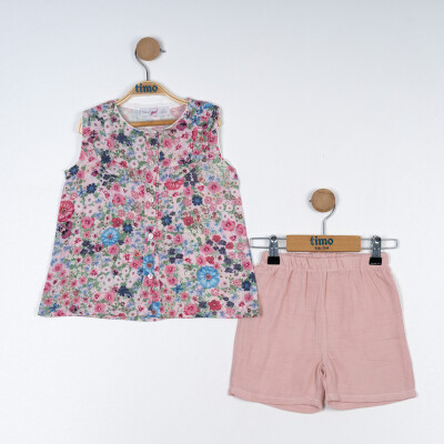 Toptan Kız Çocuk 2'li Çiçek Desenli Bluz ve Şort Takım 2-5Y Timo 1018-TK5DT202255242 Pembe