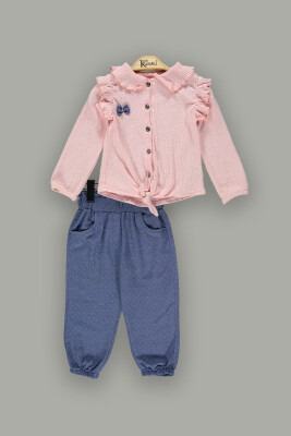 Toptan Kız Çocuk 2'li Fırfırlı Gömlek ve Pantolon Takım 2-5Y Kumru Bebe 1075-3831 Pembe