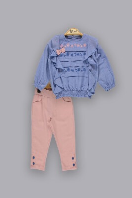 Toptan Kız Çocuk 2'li Gömlek ve Pantolon Takım 2-5Y Kumru Bebe 1075-3812 İndigo