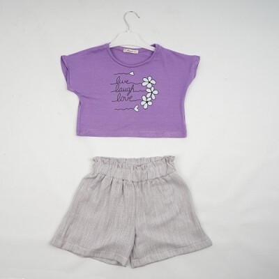 Toptan Kız Çocuk 2'li Tişört ve Keten Şort Takım 7-10Y Büşra Bebe 1016-23175 - Büşra Bebe (1)