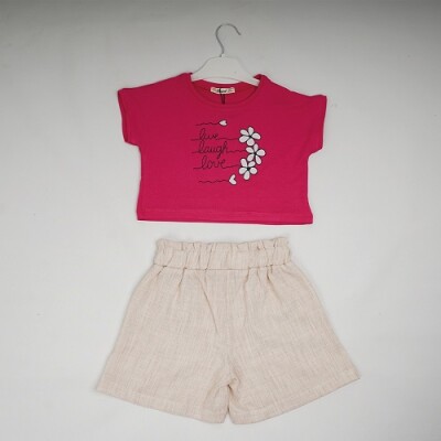 Toptan Kız Çocuk 2'li Tişört ve Keten Şort Takım 7-10Y Büşra Bebe 1016-23175 Bej