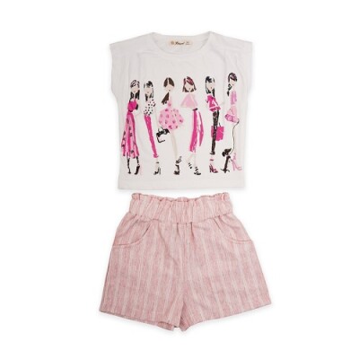 Toptan Kız Çocuk 2'li Tişört ve Şort Takım 3-6Y Büşra Bebe 1016-23189 Pembe