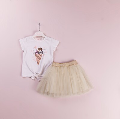 Toptan Kız Çocuk 2'li Tişört ve Tüllü Etek Takım 1-4Y BabyRose 1002-4144 Bej