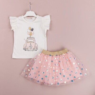 Toptan Kız Çocuk 2'li Tüllü Etek ve Baskılı Tişört Takım 1-4Y BabyRose 1002-4143 Pudra